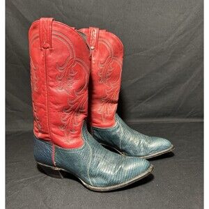 Vintage Tony Lama Red Blue Snake Lizard Cowboy Boots Western USA Womens 9 M